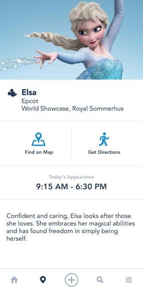 EPCOT character times on the Disney app.