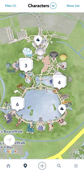 Characters in EPCOT map from the My Disney Experience app.
