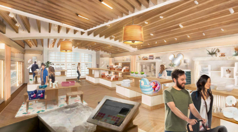 A look at inside of Deco by Disney showing a store with shelves and Disney homeware.