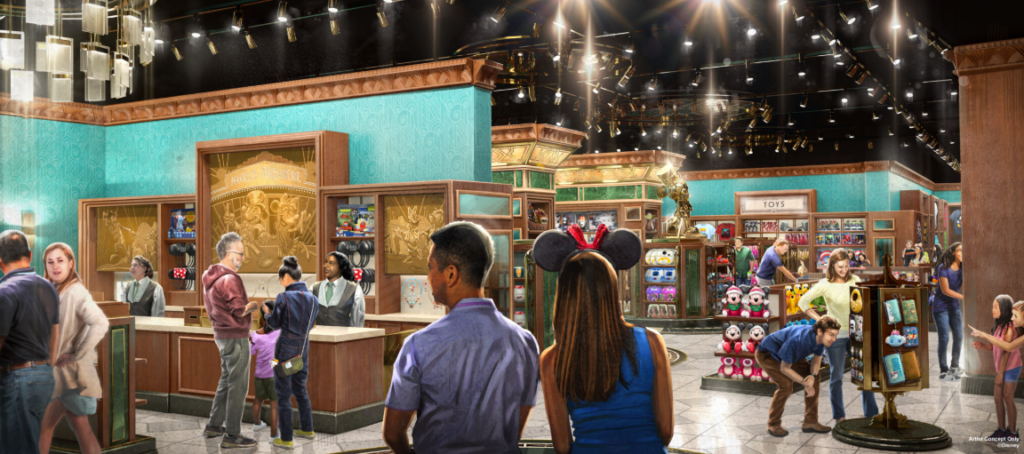 Concept Art showing the inside of Mickey's of Hollywood boutique. Shoppers looking at items.