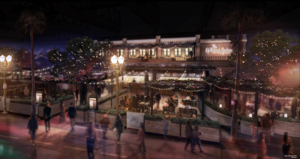Concept art showing the outside of the Hollywood Fardens Restaurant at night.