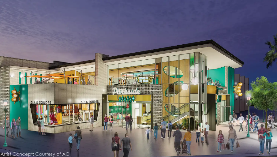 Concept art showing a brightly lit Parkside Market.