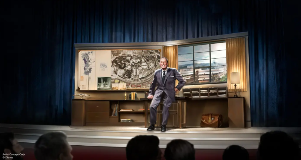 Concept art showing an animontronic Walt Diosney leaning against a desk.