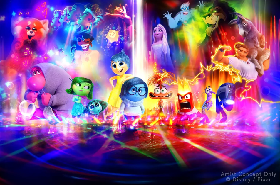 Concept art showing a cast of brightly coloured Disney characters.
