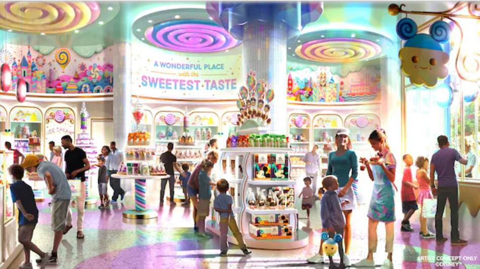 Concept art showing shoppers in the new Disneyland sweet shop.