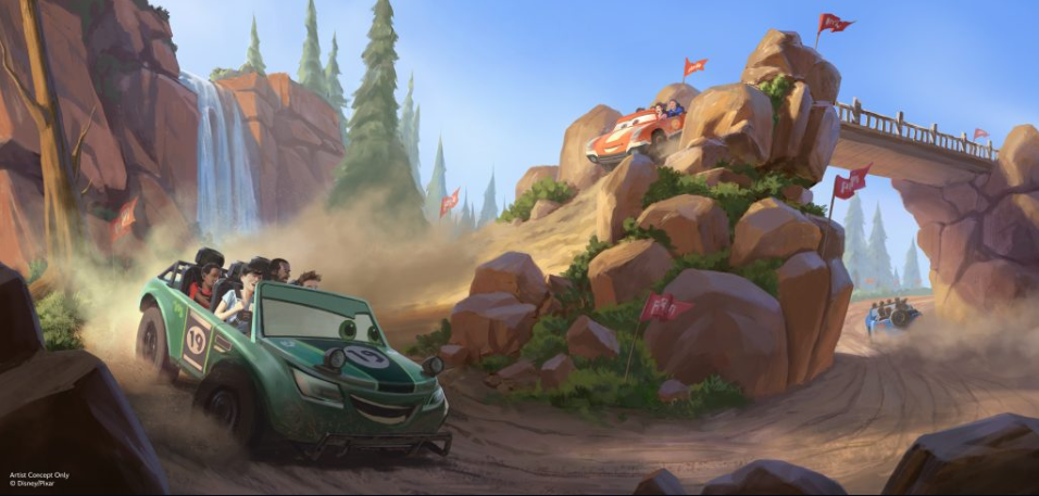 Concept art showing riders in a car on a dust road.