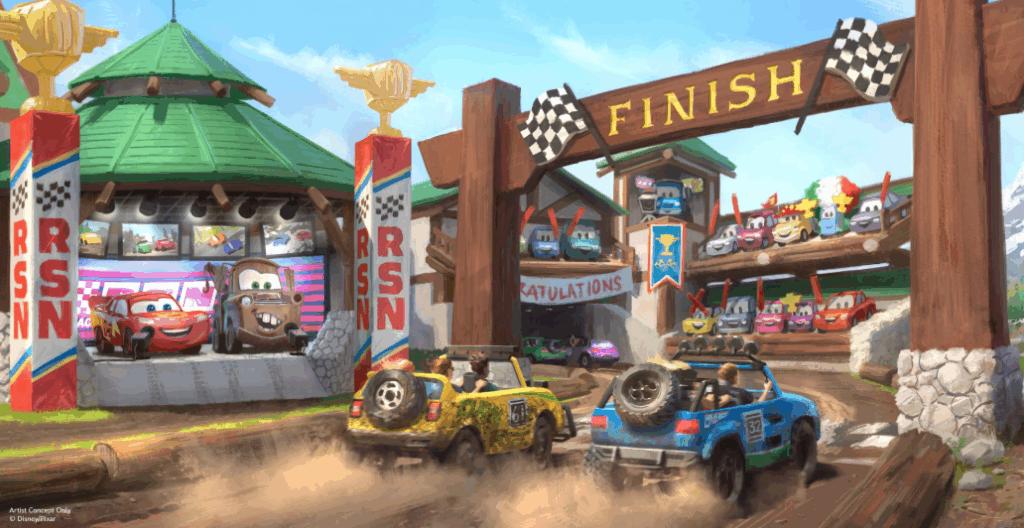 Concept art showing a Cars themed ride at Disney World. A yellow car and a blue car crossing the finish line cheered on by Lightning McQueen and Tow Mater.