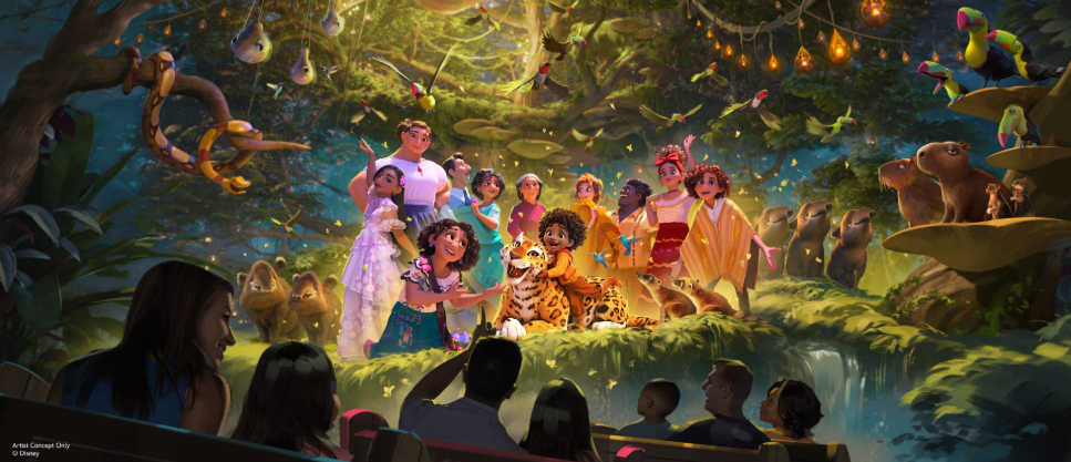 Concept art showing the inside of the Encanto ride and the Madrigal family.