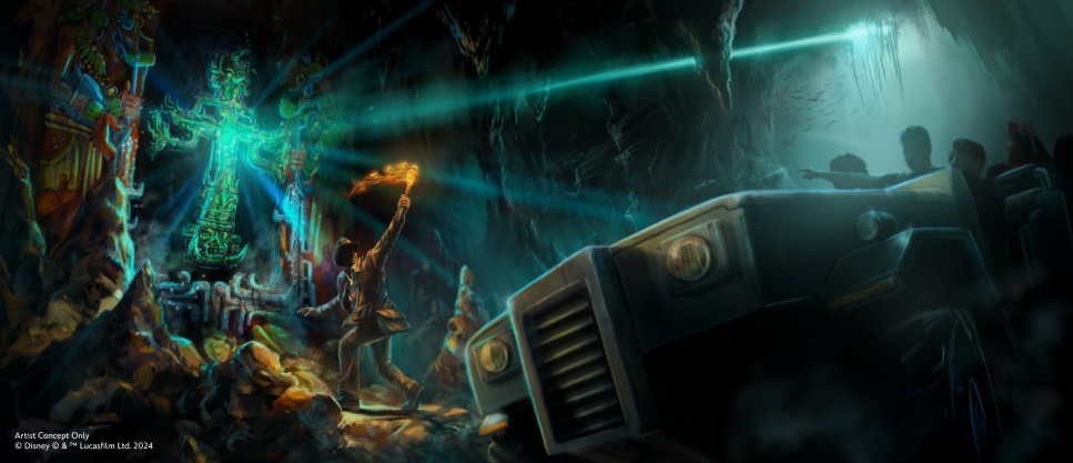 Indiana Jones holding a torch in concept art for the new ride.