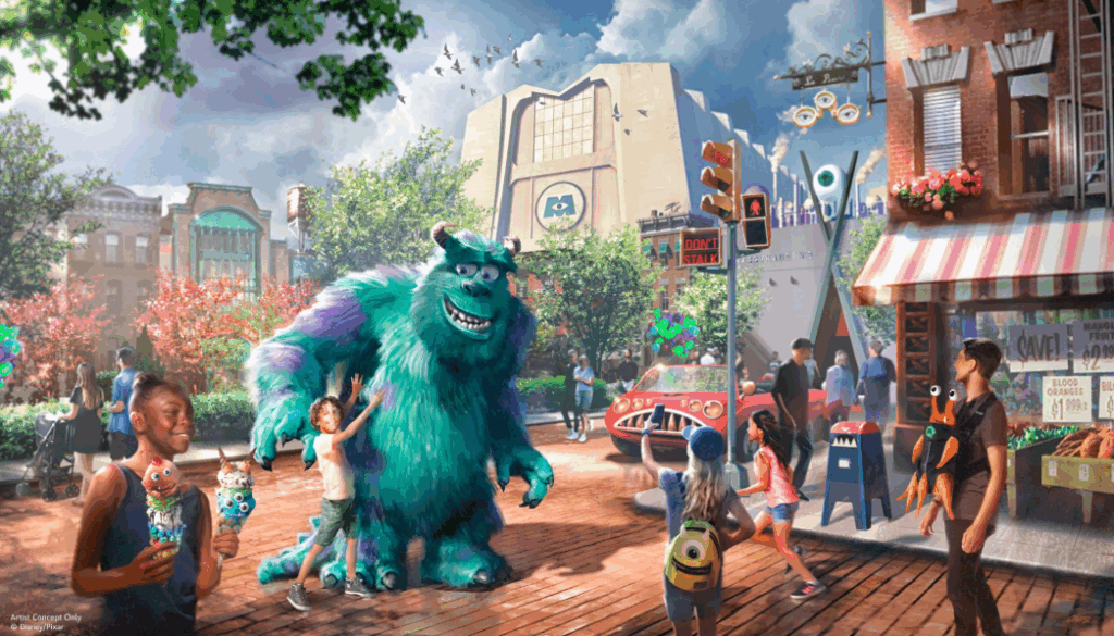 Sulley in the new Monster Inc. Land posing with a guest.