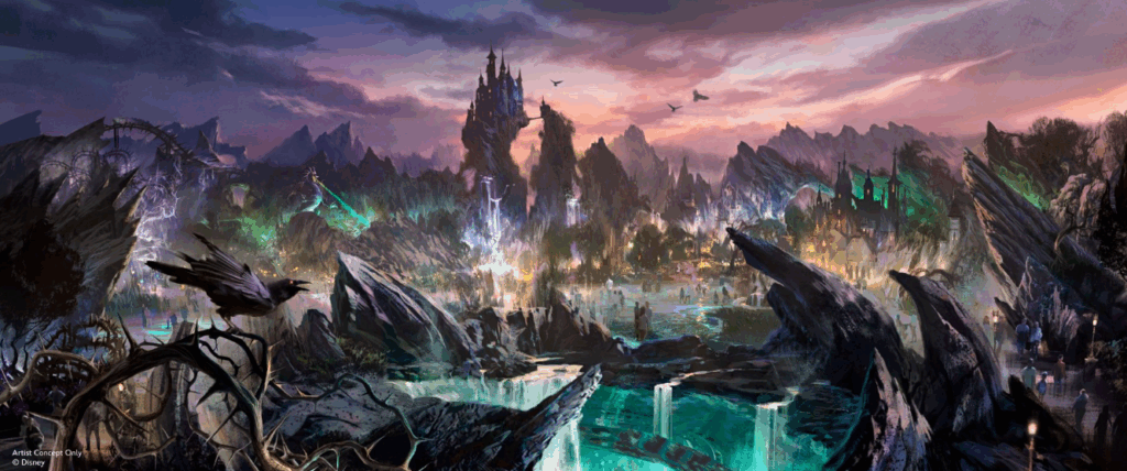 Concept art showing villains land made of dark rocks.