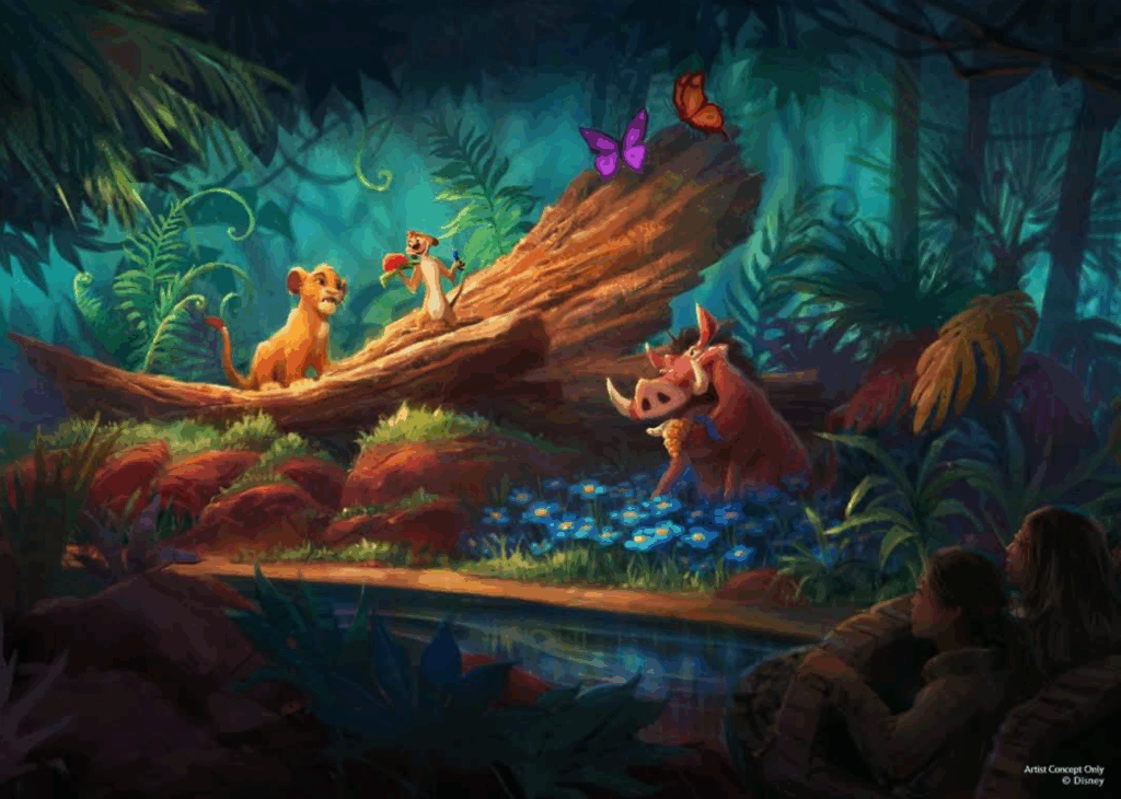Simba, Timon and Pumba in the new Lion King attraction in Disneyland Paris.