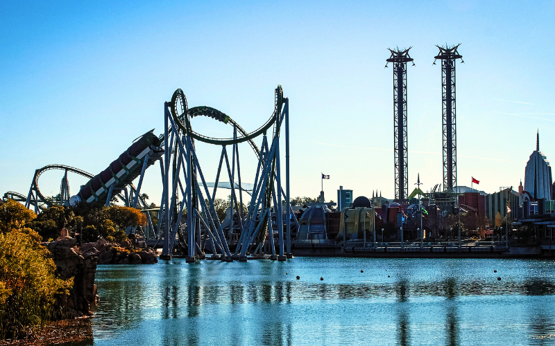 Marvel Super Hero Island with The Incredible Hulk Coaster and Doctor Doom's Fearfall.