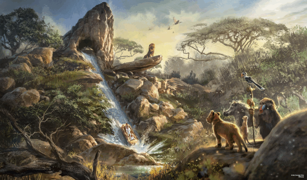 Concept art showing a log flume while Lion King characters look on.