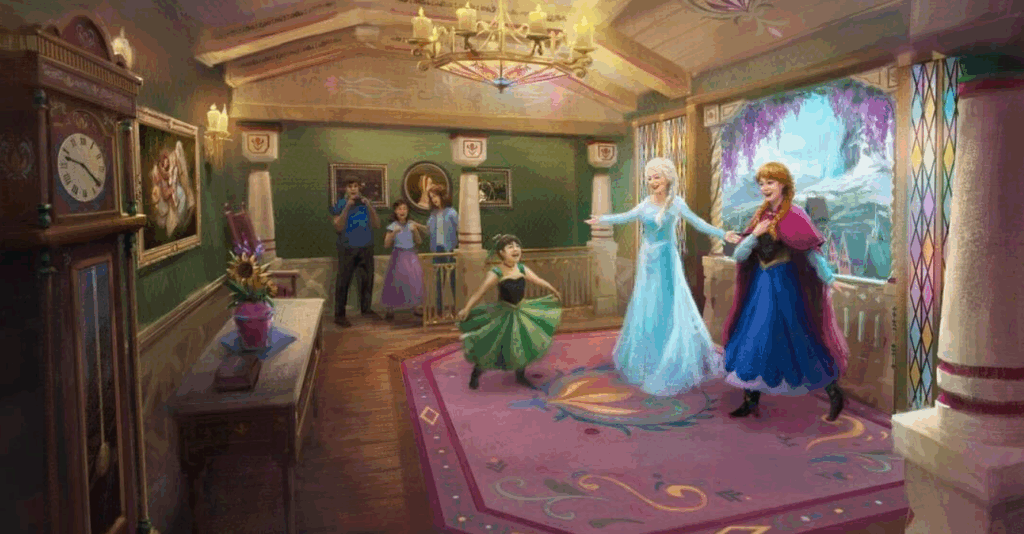 Artwork showing a small child meeting Anna and Elsa.