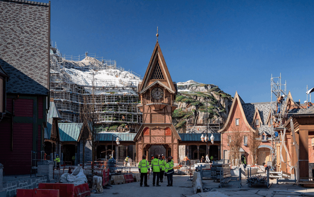 Photo of construction of the outside of Frozen Ever After.