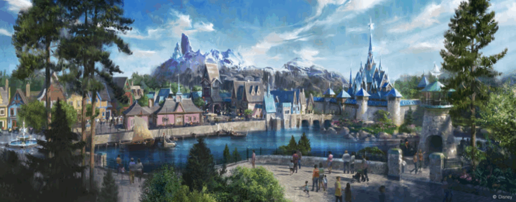 Concept art showing Arendelle by the water with snowy mountains in the distance.